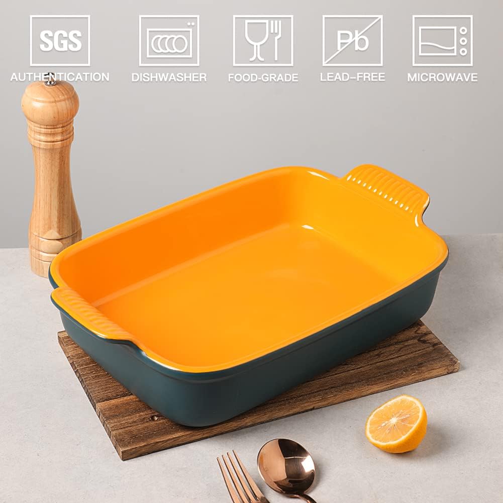9x13 Inch Rectangular Ceramic Baking Dish with Handles for Oven - Deep Lasagna Pan - Blue&Yellow Casserole Bakeware for Cooking