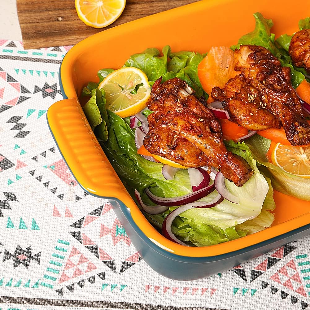 9x13 Inch Rectangular Ceramic Baking Dish with Handles for Oven - Deep Lasagna Pan - Blue&Yellow Casserole Bakeware for Cooking