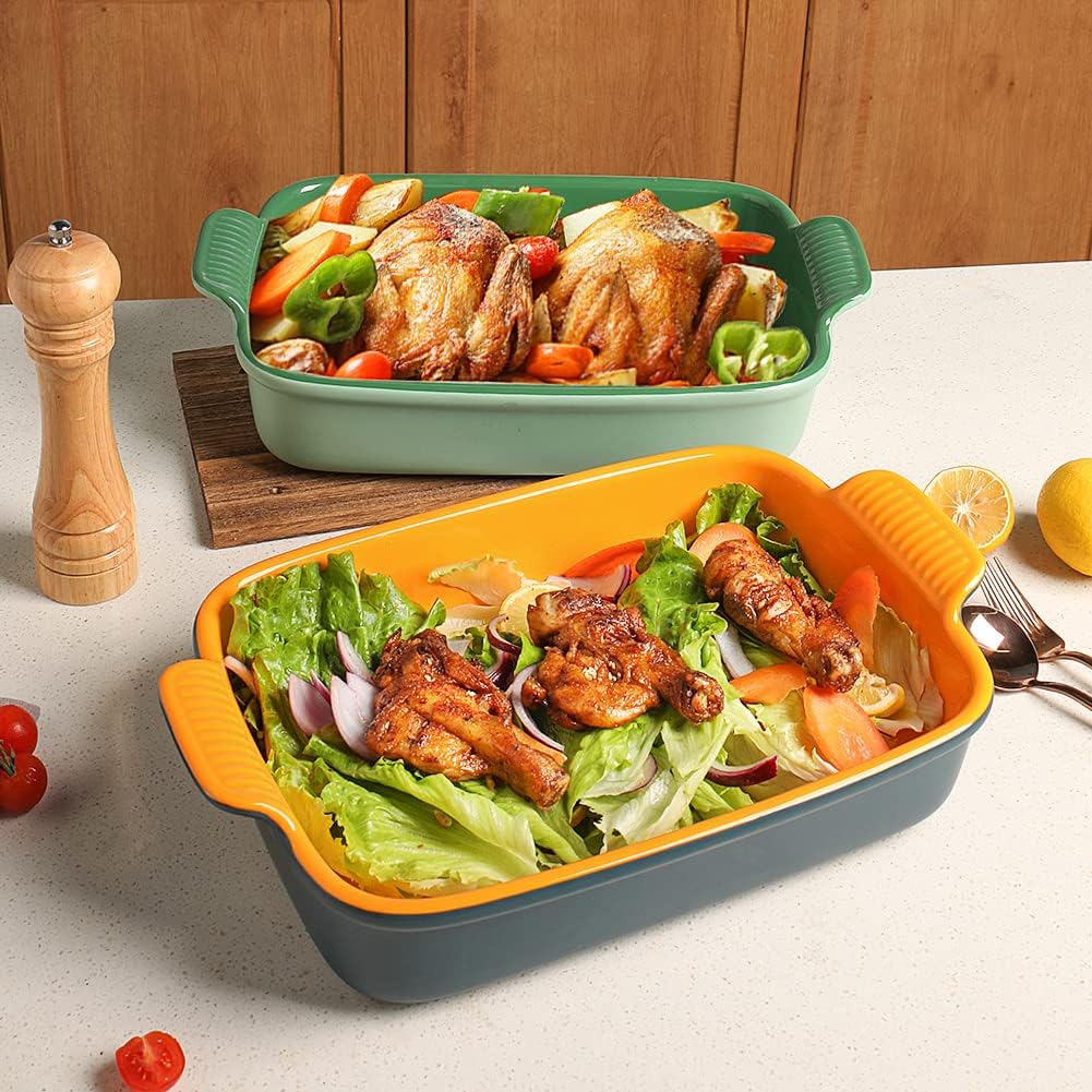 9x13 Inch Rectangular Ceramic Baking Dish with Handles for Oven - Deep Lasagna Pan - Blue&Yellow Casserole Bakeware for Cooking