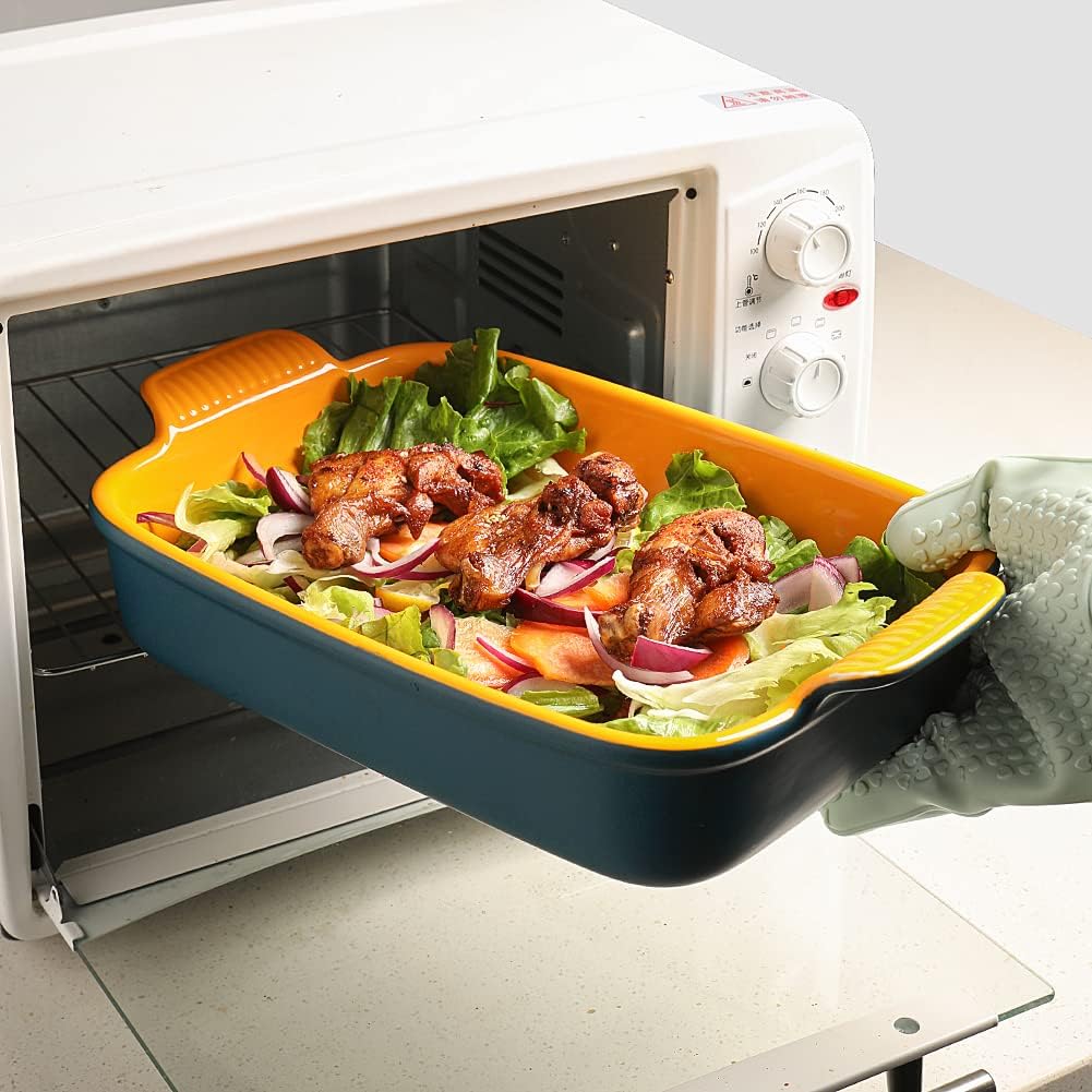 9x13 Inch Rectangular Ceramic Baking Dish with Handles for Oven - Deep Lasagna Pan - Blue&Yellow Casserole Bakeware for Cooking
