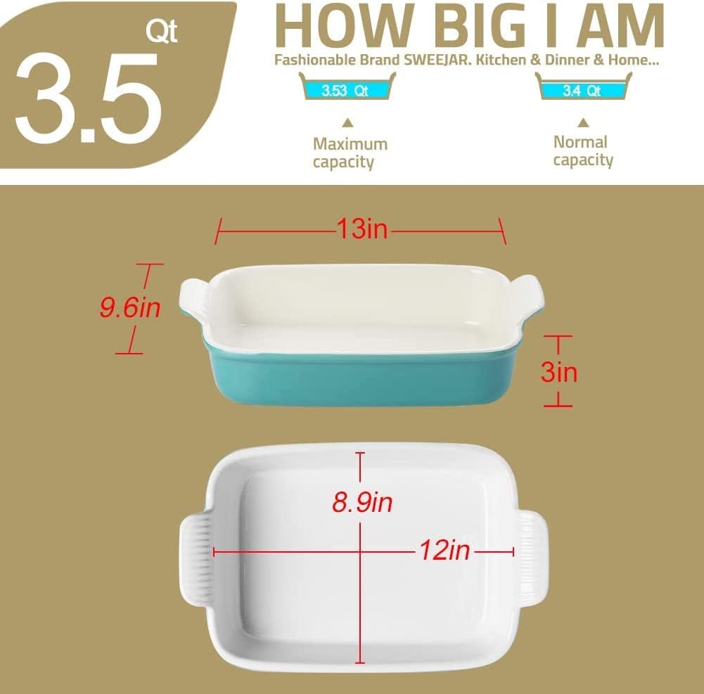 9x13 Inch Rectangular Ceramic Baking Dish with Handles for Oven - Deep Lasagna Pan - Blue&Yellow Casserole Bakeware for Cooking