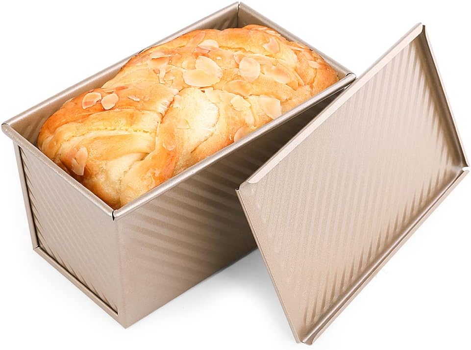 9x4 Inch Pullman Loaf Pan with Lid for Baking Homemade Bread - Non-Stick Carbon Steel Bread Pan with 1 lb Capacity - Sandwich Mold Bakeware Gold Color