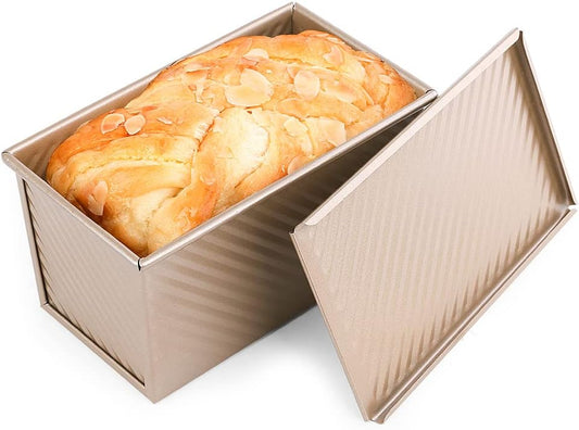 9x4 Inch Pullman Loaf Pan with Lid for Baking Homemade Bread - Non-Stick Carbon Steel Bread Pan with 1 lb Capacity - Sandwich Mold Bakeware Gold Color