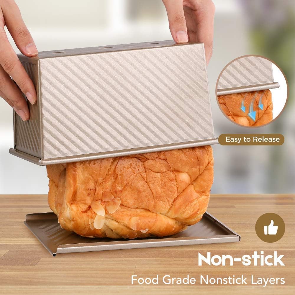9x4 Inch Pullman Loaf Pan with Lid for Baking Homemade Bread - Non-Stick Carbon Steel Bread Pan with 1 lb Capacity - Sandwich Mold Bakeware Gold Color