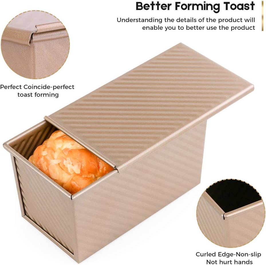 9x4 Inch Pullman Loaf Pan with Lid for Baking Homemade Bread - Non-Stick Carbon Steel Bread Pan with 1 lb Capacity - Sandwich Mold Bakeware Gold Color