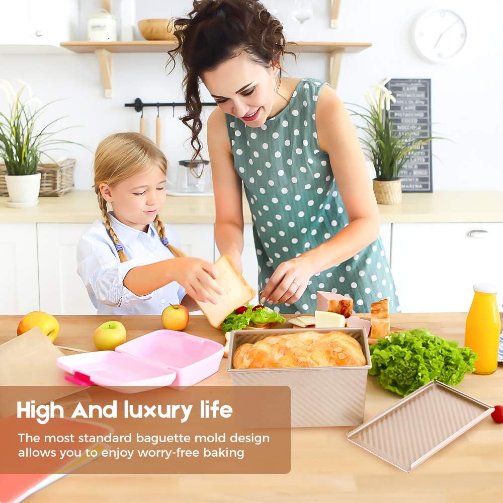 9x4 Inch Pullman Loaf Pan with Lid for Baking Homemade Bread - Non-Stick Carbon Steel Bread Pan with 1 lb Capacity - Sandwich Mold Bakeware Gold Color