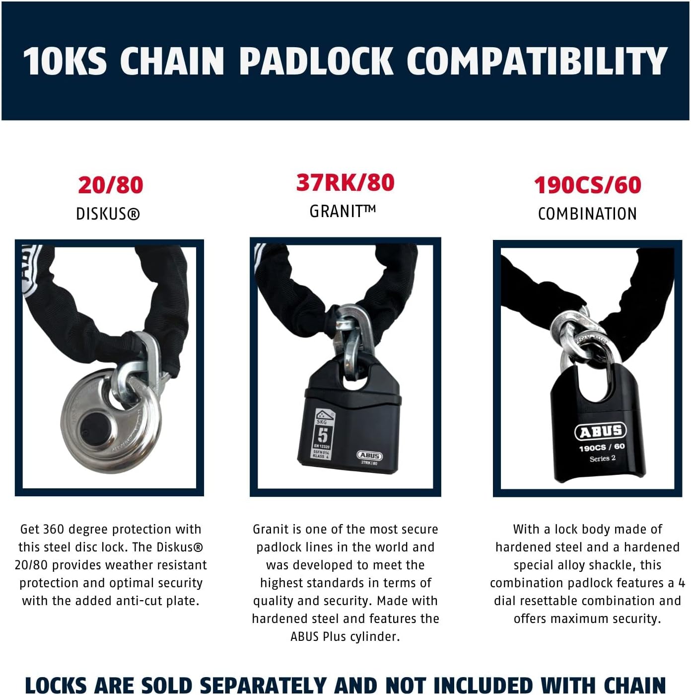 ABUS 10KS 10ft x 5/16" Steel Security Chain + 190CS/60 Combination Padlock for Bikes, Containers, Trailers & ATVs