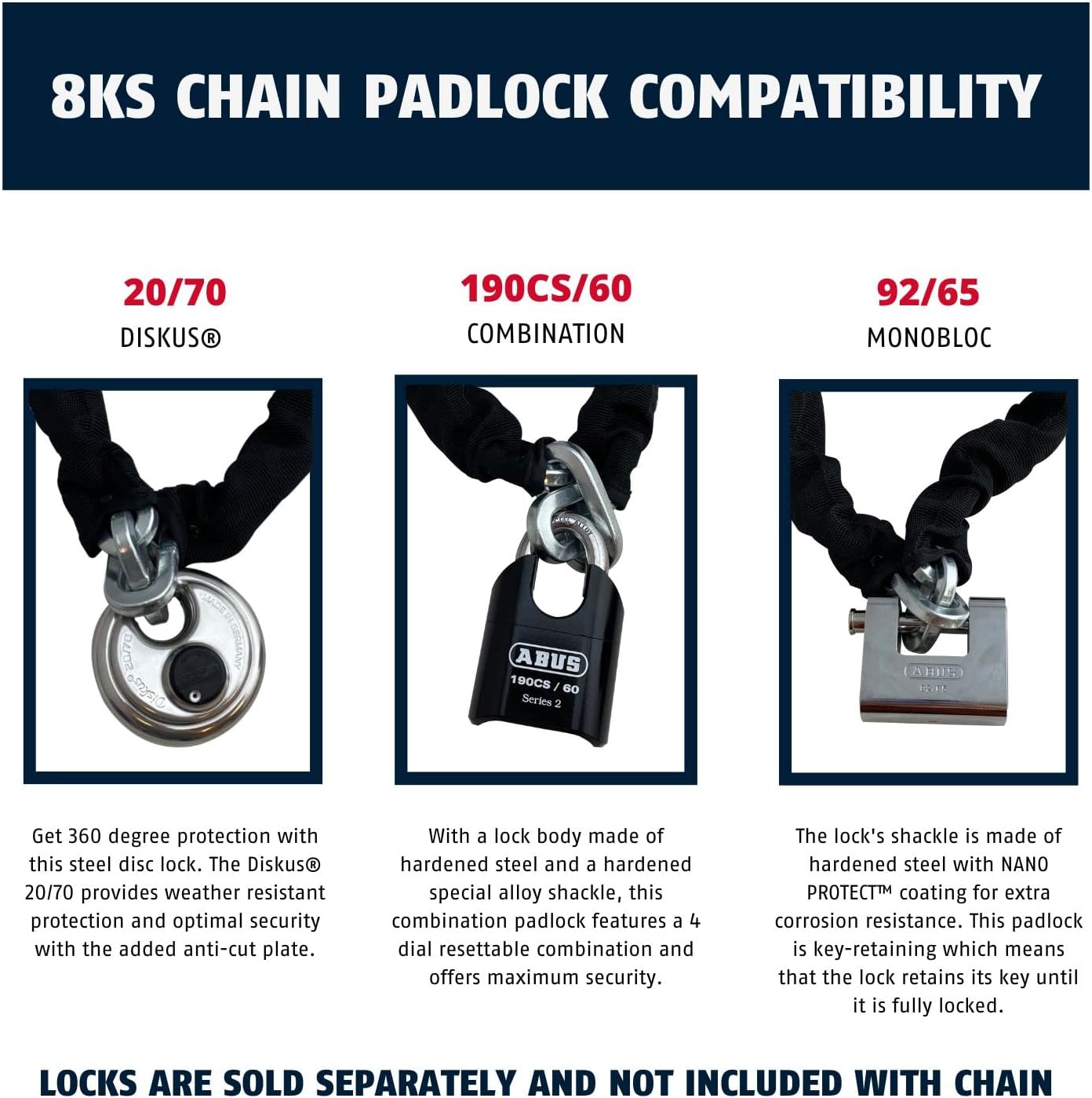 ABUS Hardened Steel 8KS 2 Foot x 5/16" Thick Square Security Chain with ABUS 190CS/60 High Security Solid Steel Combination Padlock, for Bikes, Containers, Trailers, ATV's, Motorcycles