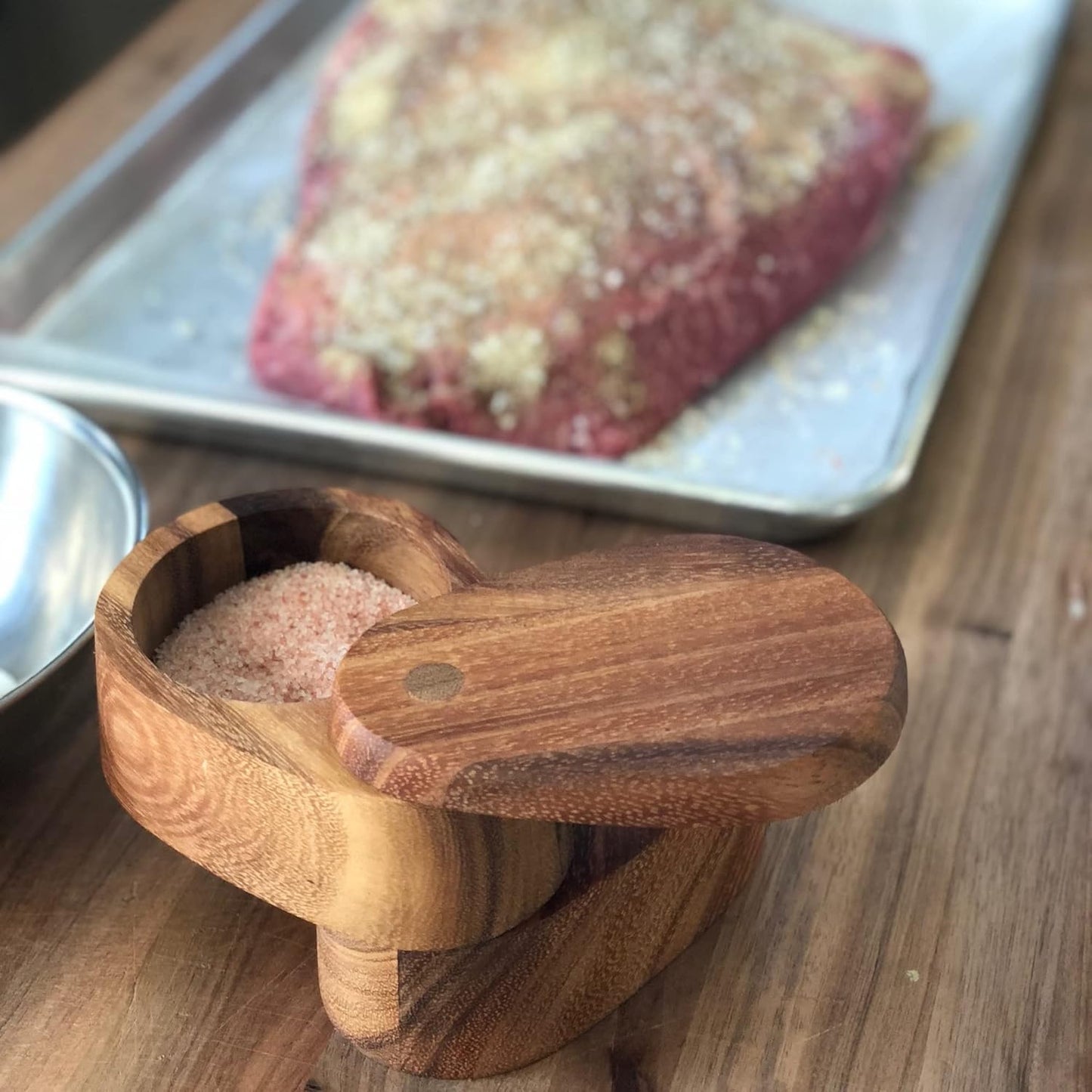 Acacia Wood Salt Cellar by Ironwood Gourmet - 4x4x2.5 Inches, Appalachian Design, Brown Color