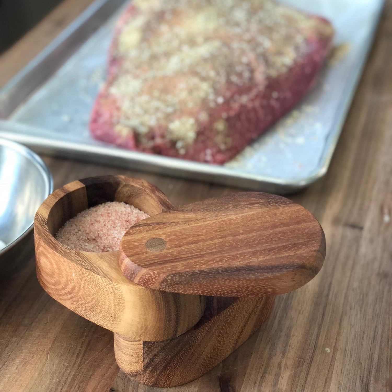 Acacia Wood Salt Cellar by Ironwood Gourmet - 4x4x2.5 Inches, Appalachian Design, Brown Color