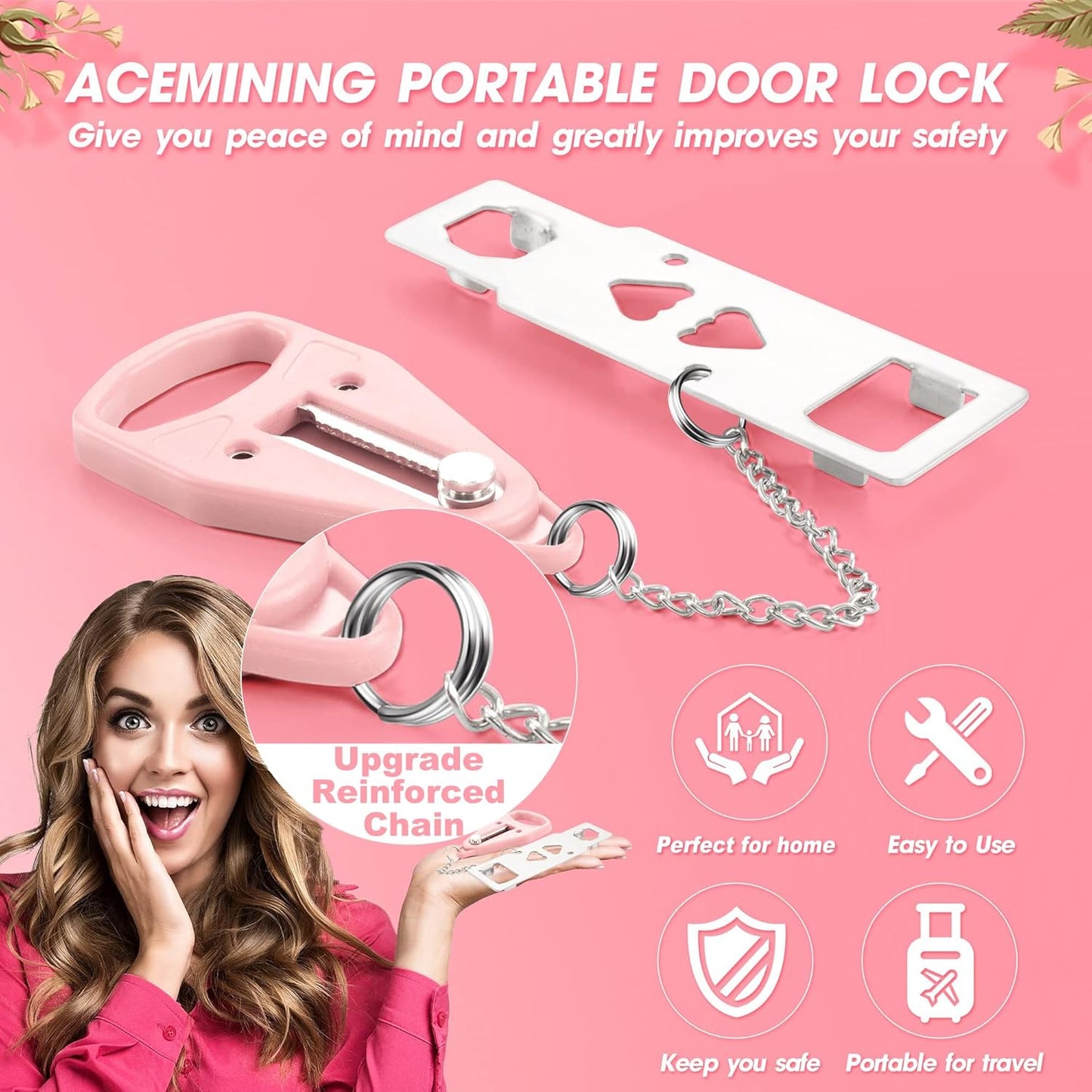 AceMining Pink Portable Door Lock for Home Security and Privacy - Travel Lockdown Lock for Traveling, Hotel, Apartment, College - 1 Pack