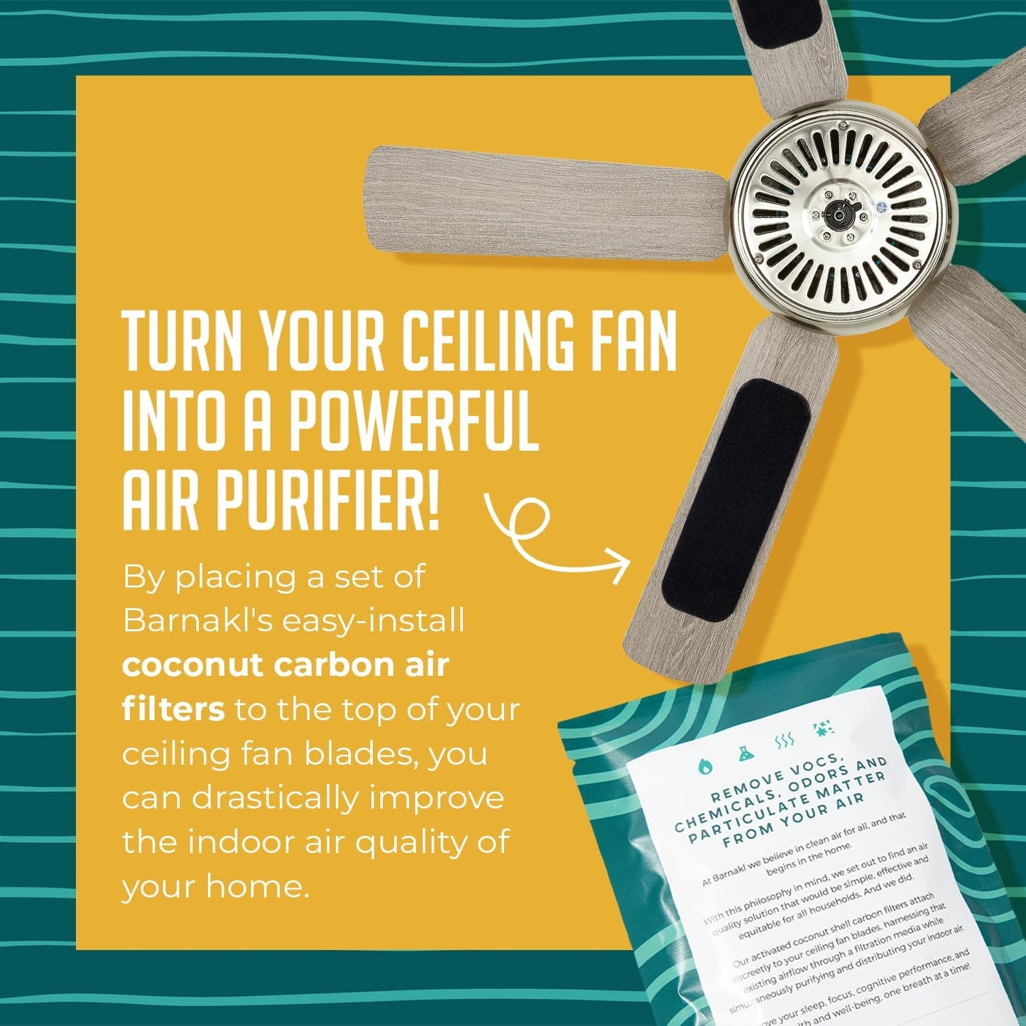 Activated Coconut Shell Carbon Ceiling Fan Filters | Easy-Stick Universal Air Filters | Unscented Blade Filters (3-Pack) for Common Household Contaminants