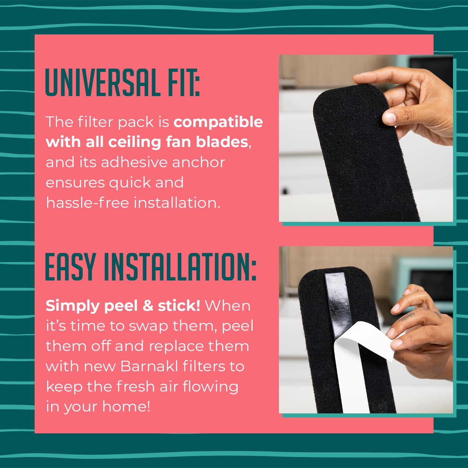 Activated Coconut Shell Carbon Ceiling Fan Filters | Easy-Stick Universal Air Filters | Unscented Blade Filters (3-Pack) for Common Household Contaminants