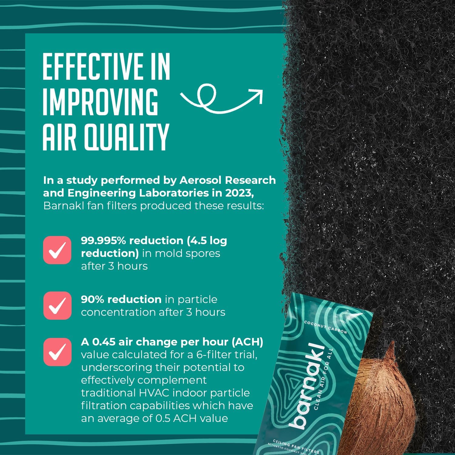 Activated Coconut Shell Carbon Ceiling Fan Filters | Easy-Stick Universal Air Filters | Unscented Blade Filters (3-Pack) for Common Household Contaminants