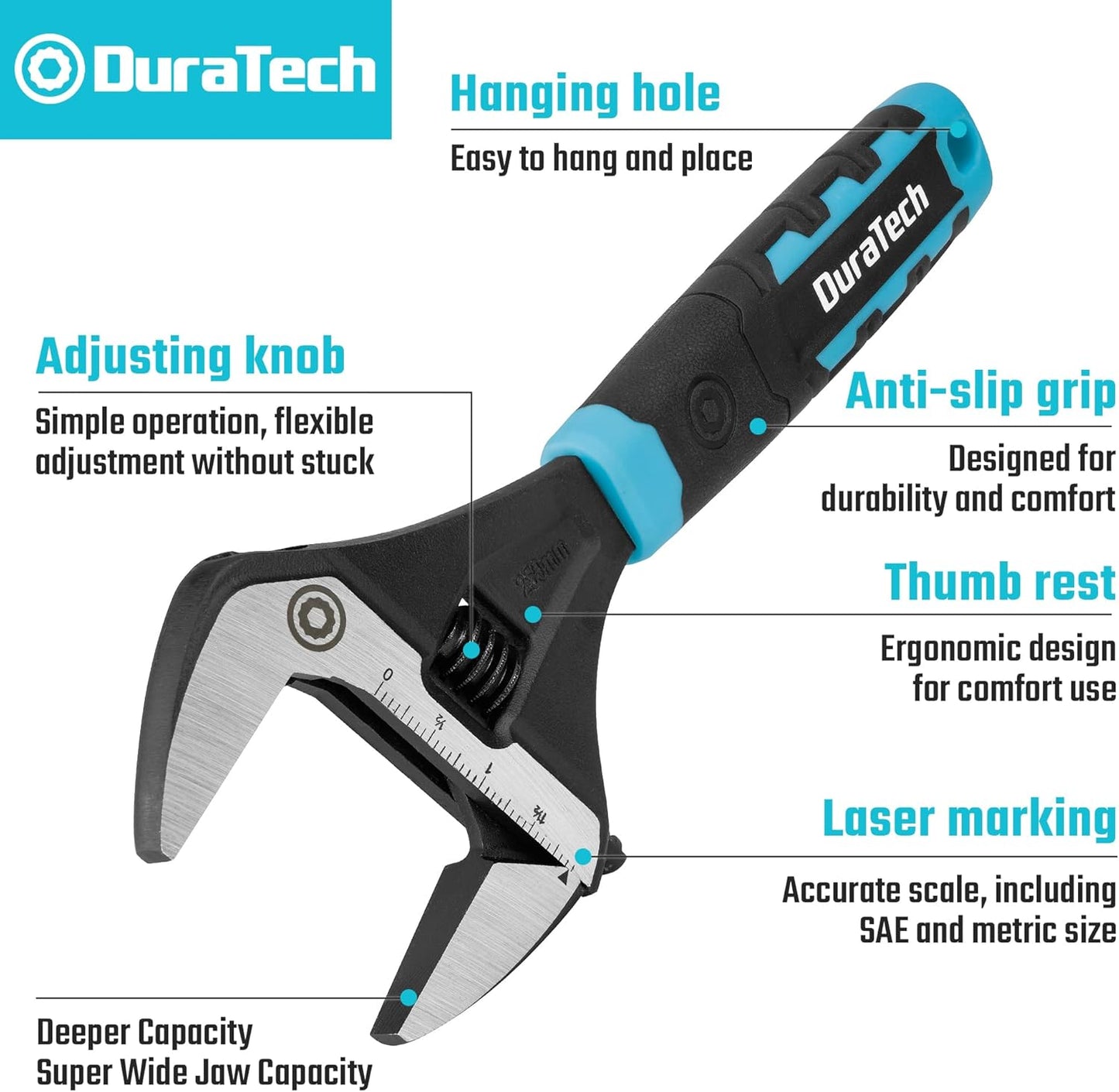 Adjustable 10-Inch Plumbing Wrench with Wide Jaw Opening, DURATECH CR-V Steel, SAE/Metric Scale, Ergonomic Handle