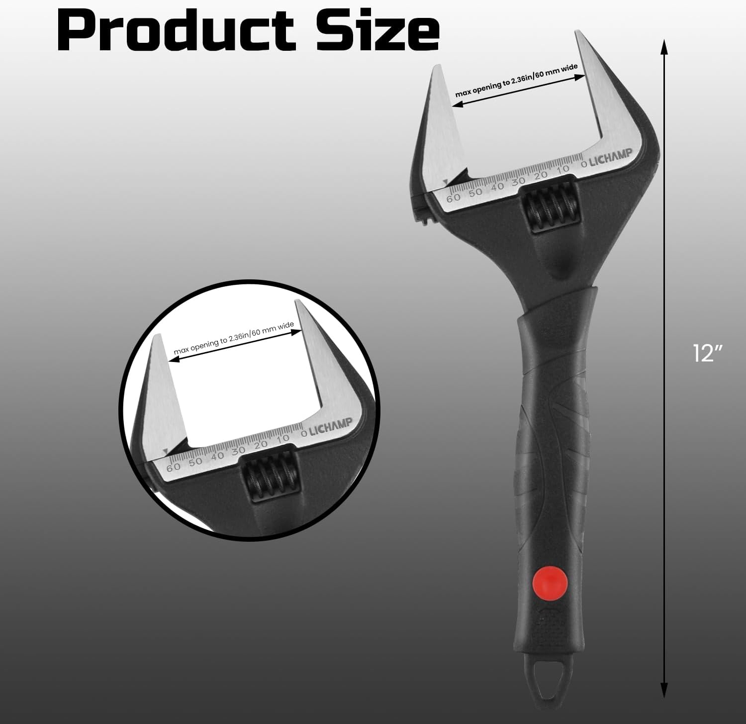 Adjustable 12-Inch Stubby Wrench with Wide 60mm Jaw Opening for Plumbing, Automotive, and Industry - Black