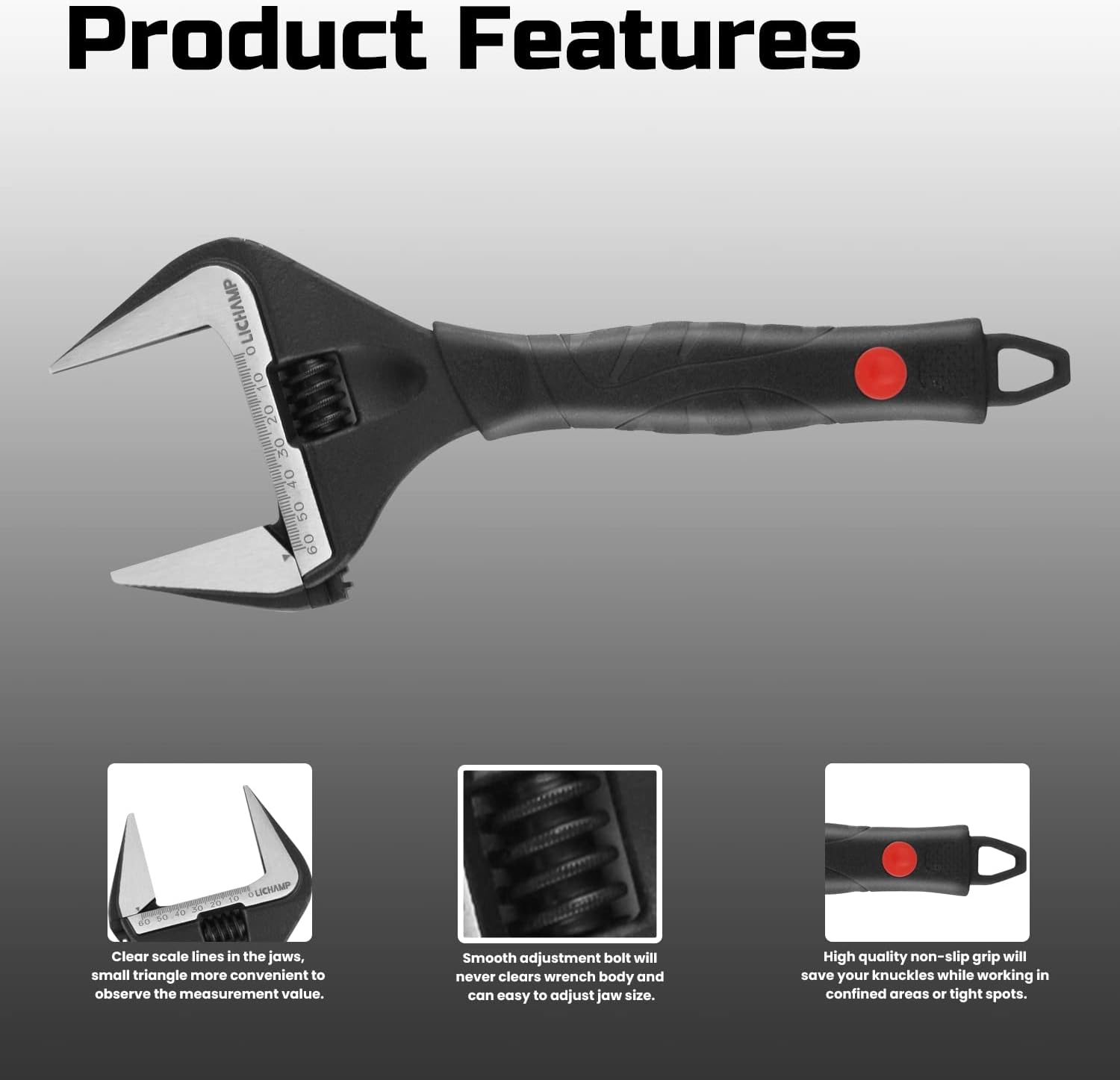 Adjustable 12-Inch Stubby Wrench with Wide 60mm Jaw Opening for Plumbing, Automotive, and Industry - Black