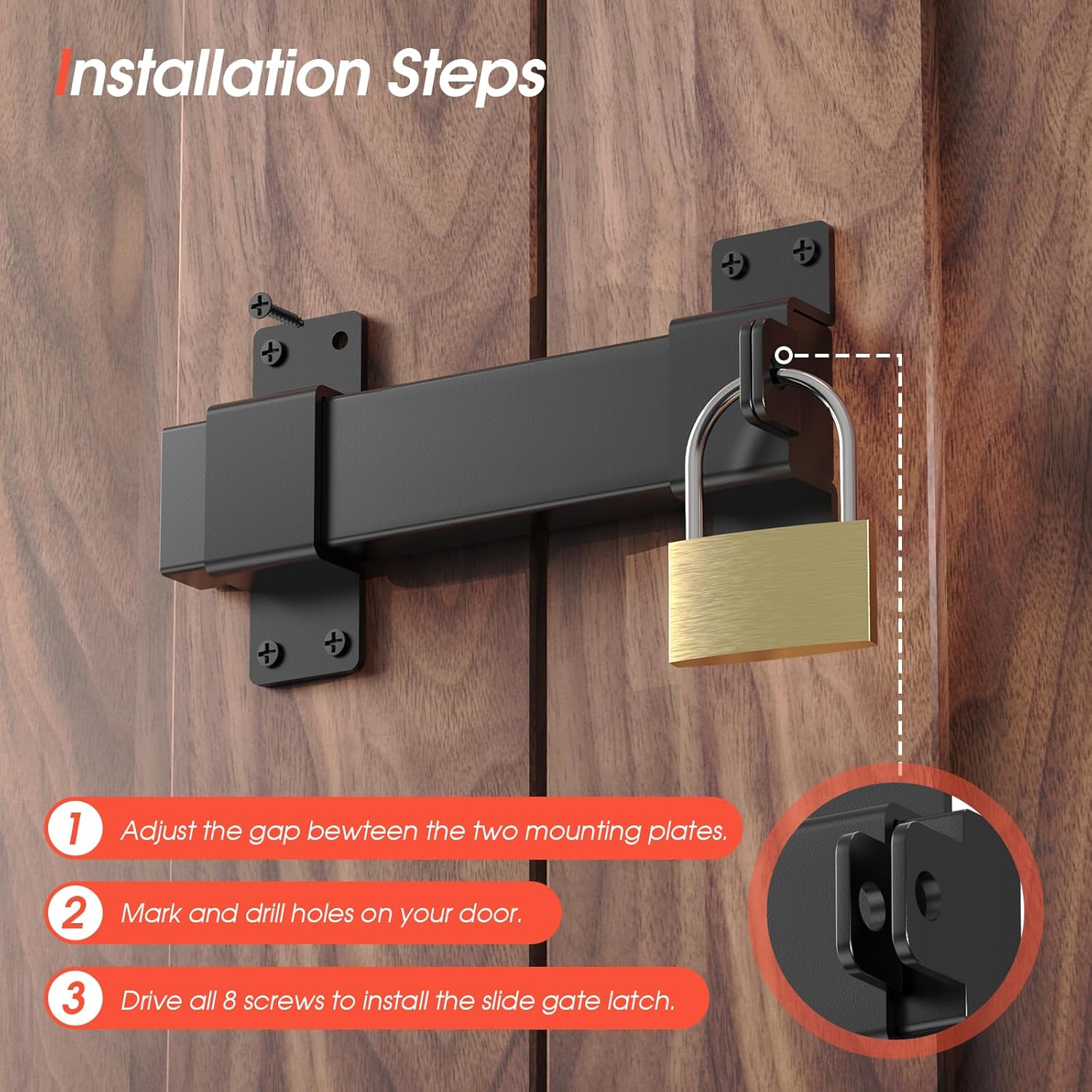 Adjustable 7.5" Slide Gate Latch with Padlock Hole - Heavy Duty Latch for Wooden Fences, Barn Doors, Outdoor Spaces - WildKart