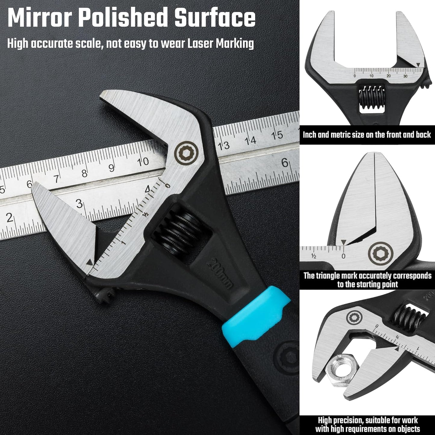 Adjustable 8-Inch Plumbing Wrench with Wide Jaw Opening, DURATECH Heavy-Duty CR-V Steel, SAE and Metric Scale, Ergonomic Grip
