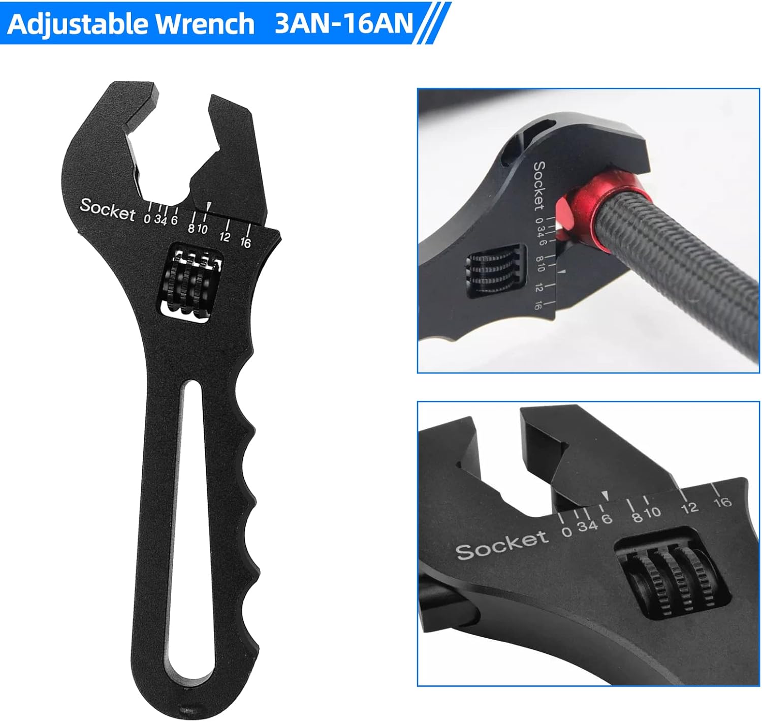 Adjustable Aluminum AN Fitting Wrench 3AN-16AN Spanner Tool for Hose Fitting Adapter, Lightweight Black
