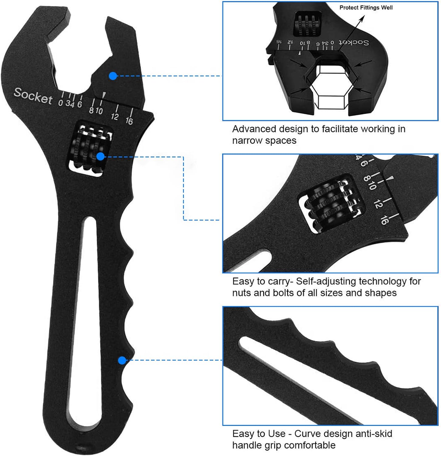 Adjustable Aluminum AN Fitting Wrench 3AN-16AN Spanner Tool for Hose Fitting Adapter, Lightweight Black