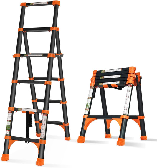 Adjustable Aluminum Telescoping Ladder with 1-Button Retraction - Lightweight Portable Extension Ladder for Home or RV Work - 330lb Capacity - 1.4+1.7M