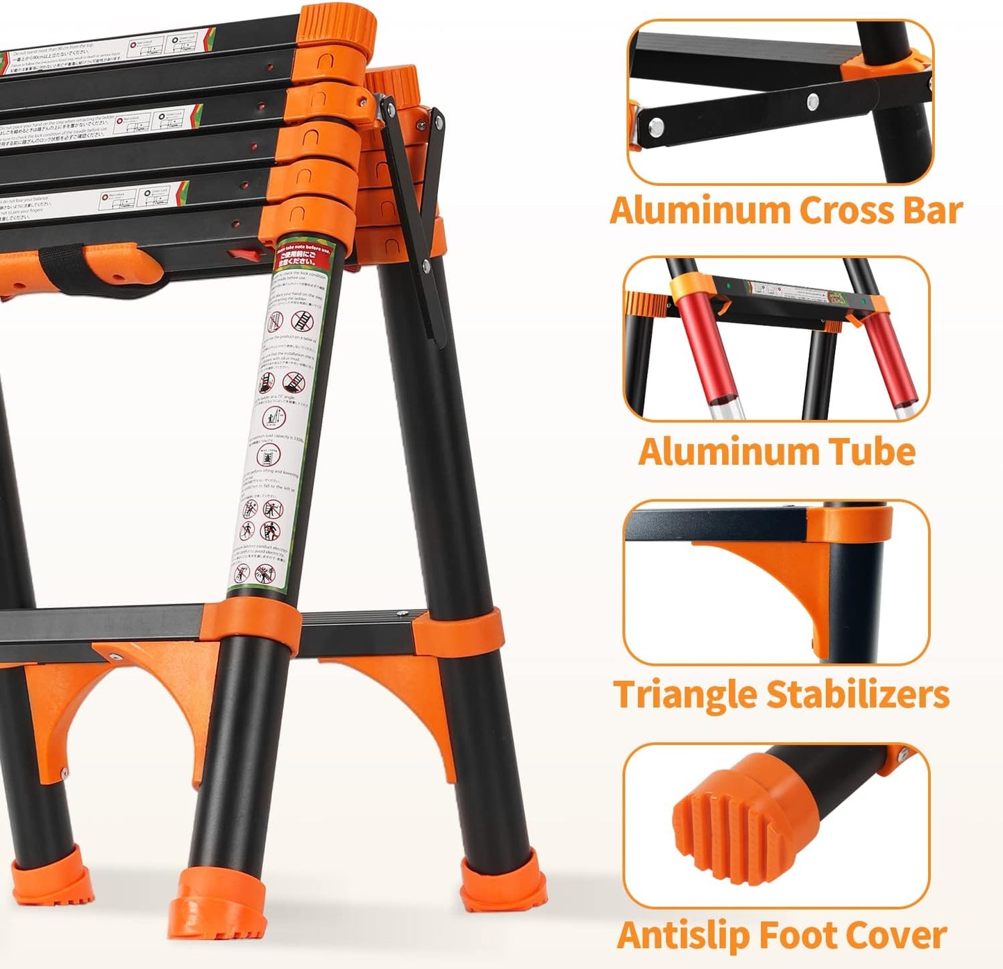 Adjustable Aluminum Telescoping Ladder with 1-Button Retraction - Lightweight Portable Extension Ladder for Home or RV Work - 330lb Capacity - 1.4+1.7M