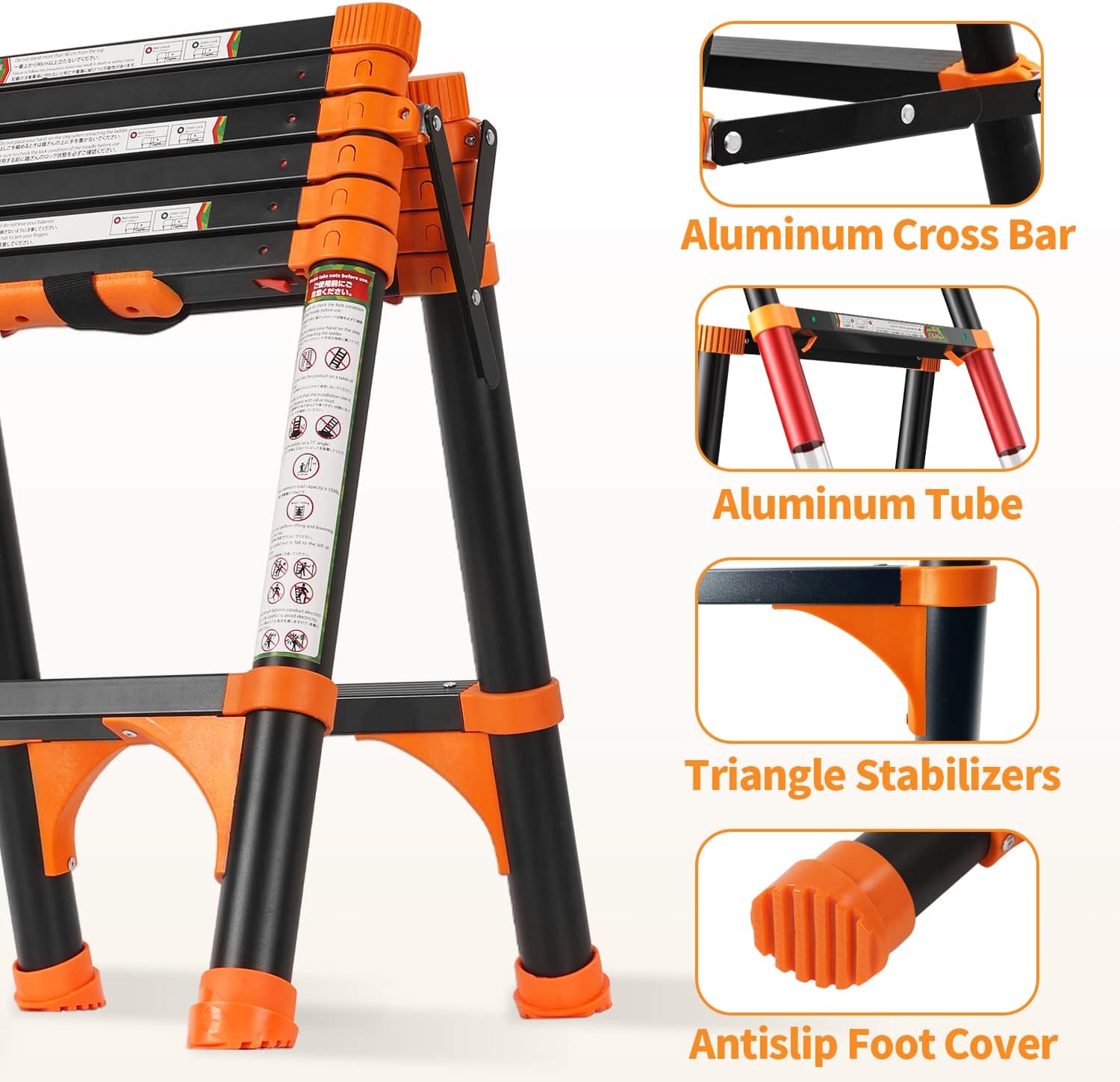 Adjustable Aluminum Telescoping Ladder with 1-Button Retraction - Lightweight Portable Extension Ladder for Home or RV Work - 330lb Capacity - 1.4+1.7M