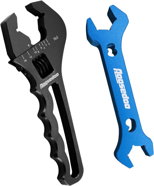 Adjustable AN Fittings Wrench Tool for Hose Fitting Adapters, Lightweight Aluminum Black, 3AN-16AN, with Double Hose End Fitting Wrench Blue - AOOSEDOO