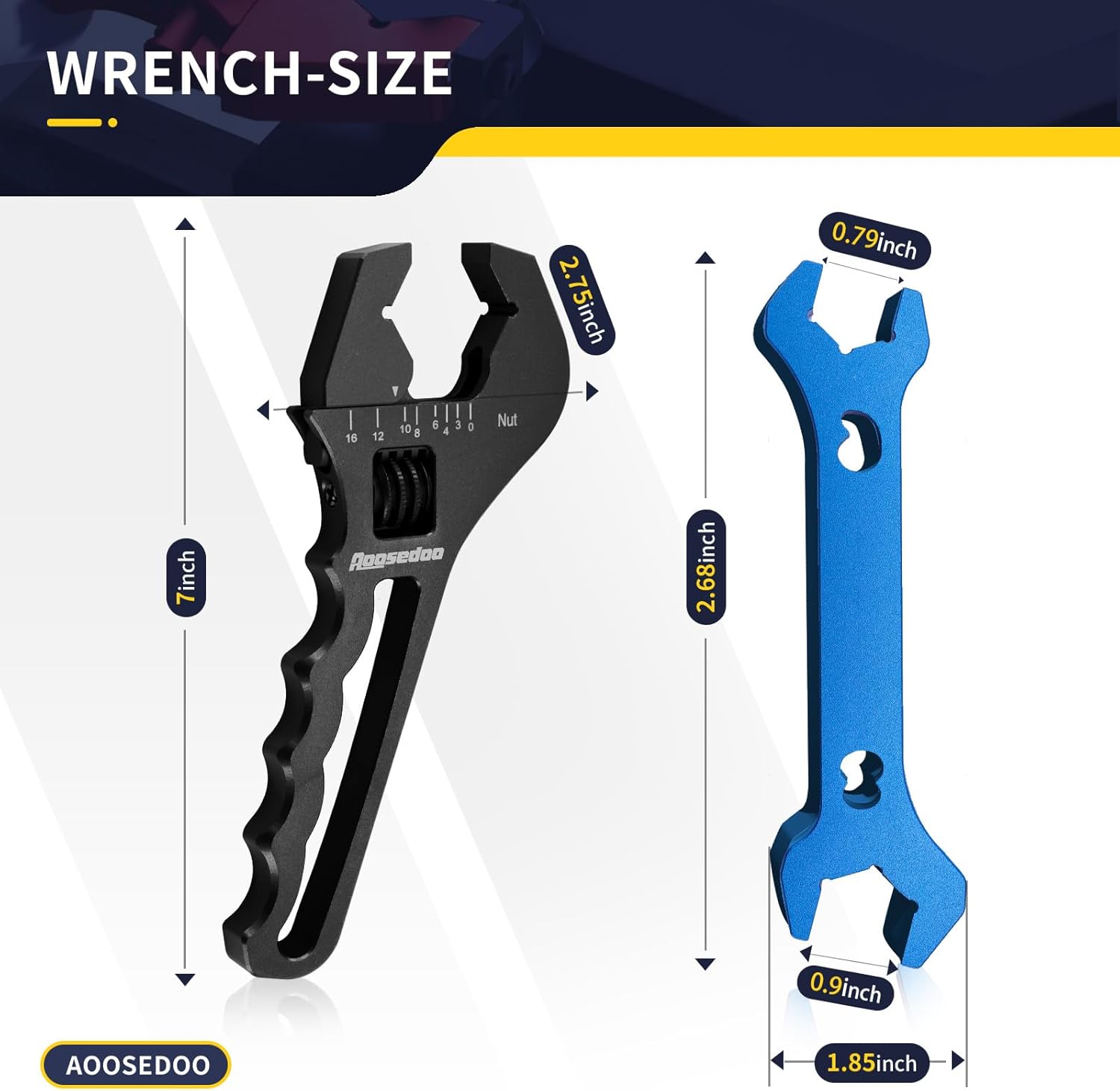 Adjustable AN Fittings Wrench Tool for Hose Fitting Adapters, Lightweight Aluminum Black, 3AN-16AN, with Double Hose End Fitting Wrench Blue - AOOSEDOO