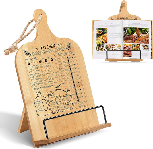 Adjustable Bamboo Cookbook Stand with Conversion Chart - Non-Slip Recipe Book Holder for Kitchen Counter - Ideal Kitchen Gift for Women, Housewarming, Christmas, Retirement, Wedding