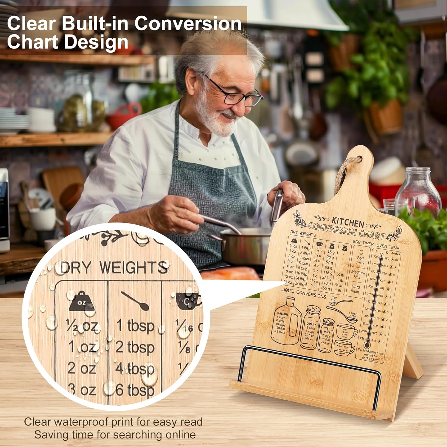 Adjustable Bamboo Cookbook Stand with Conversion Chart - Non-Slip Recipe Book Holder for Kitchen Counter - Ideal Kitchen Gift for Women, Housewarming, Christmas, Retirement, Wedding