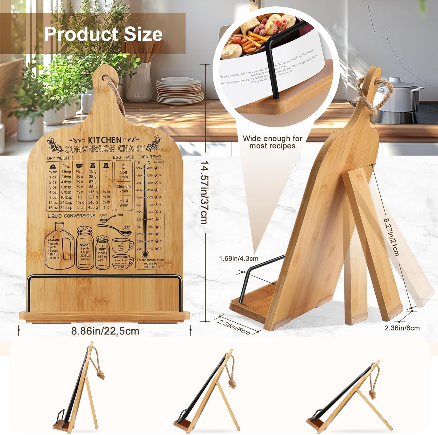 Adjustable Bamboo Cookbook Stand with Conversion Chart - Non-Slip Recipe Book Holder for Kitchen Counter - Ideal Kitchen Gift for Women, Housewarming, Christmas, Retirement, Wedding