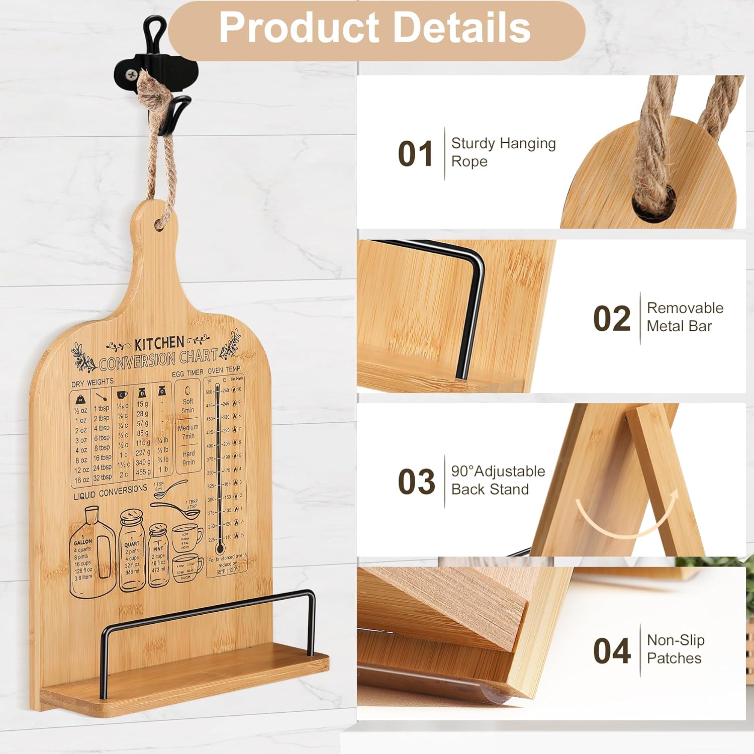 Adjustable Bamboo Cookbook Stand with Conversion Chart - Non-Slip Recipe Book Holder for Kitchen Counter - Ideal Kitchen Gift for Women, Housewarming, Christmas, Retirement, Wedding