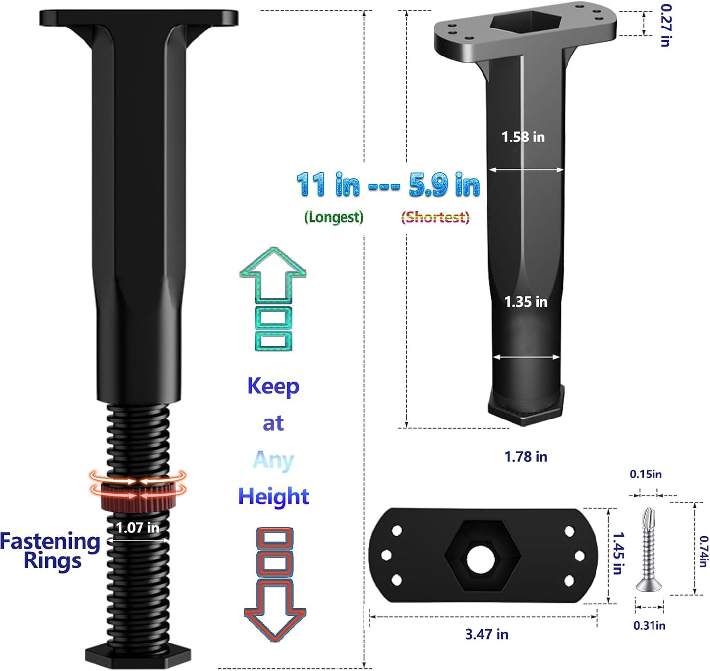 Adjustable Bed Frame Support Legs Set - 2PC 5.9-11 inch Height, for King Queen Bed Slats, Replacement Center Support Legs for Bed Frame
