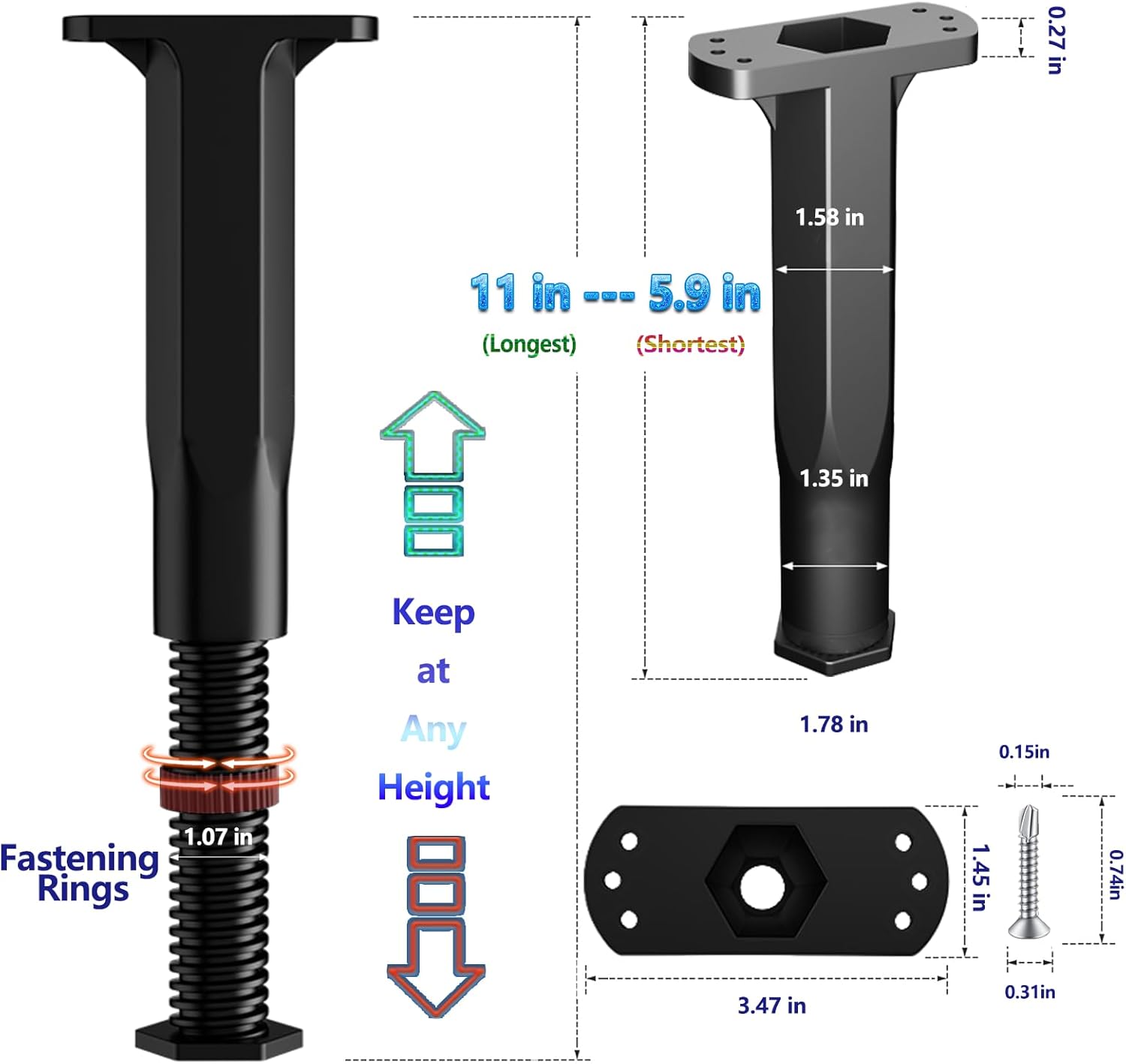 Adjustable Bed Frame Support Legs Set - 2PC 5.9-11 inch Height, for King Queen Bed Slats, Replacement Center Support Legs for Bed Frame