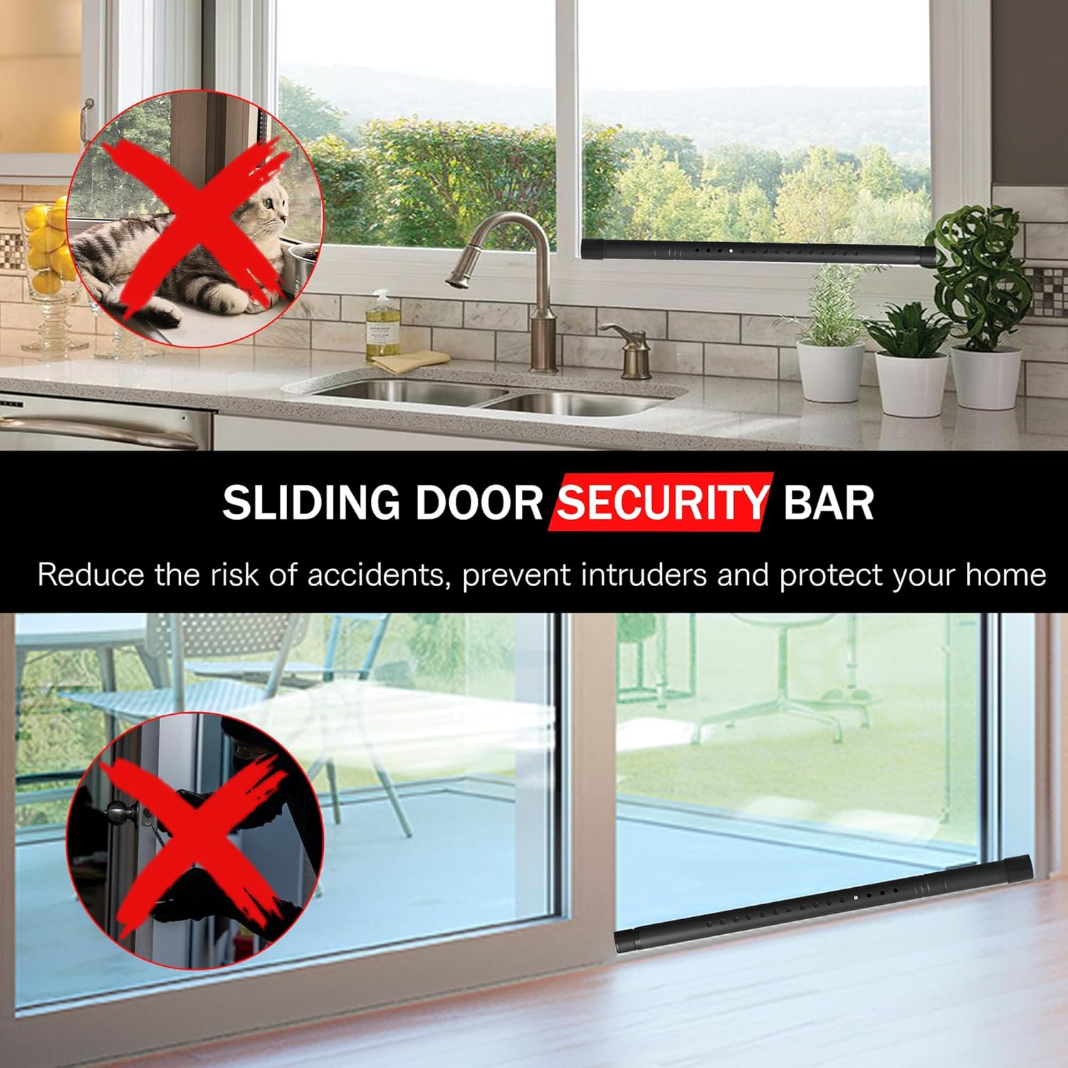 Adjustable Black Sliding Door Security Bar for Glass Patio Doors - 17.1-40 inches, 1.25 inch Diameter Window Bar with Rubber Tips - Home Safety Lock