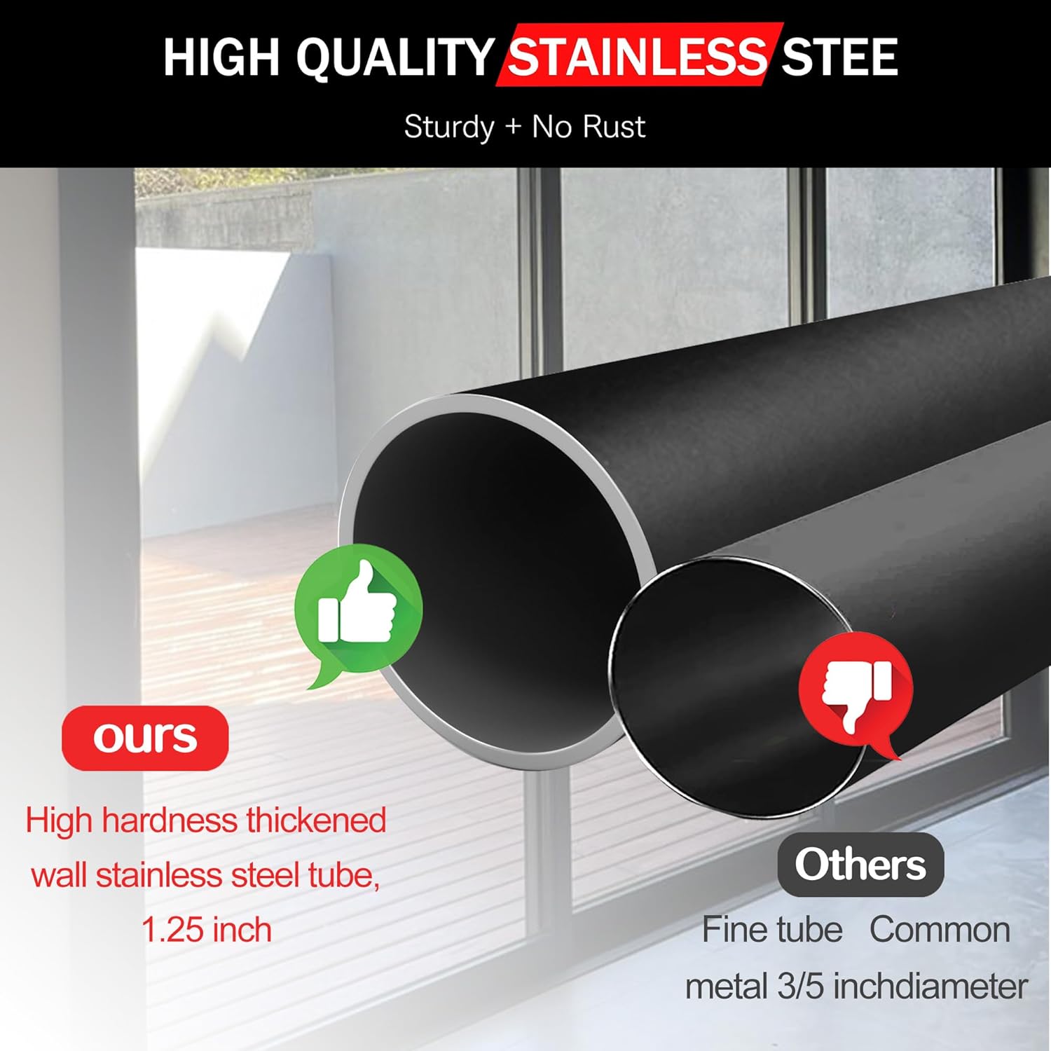 Adjustable Black Sliding Door Security Bar for Glass Patio Doors - 17.1-40 inches, 1.25 inch Diameter Window Bar with Rubber Tips - Home Safety Lock