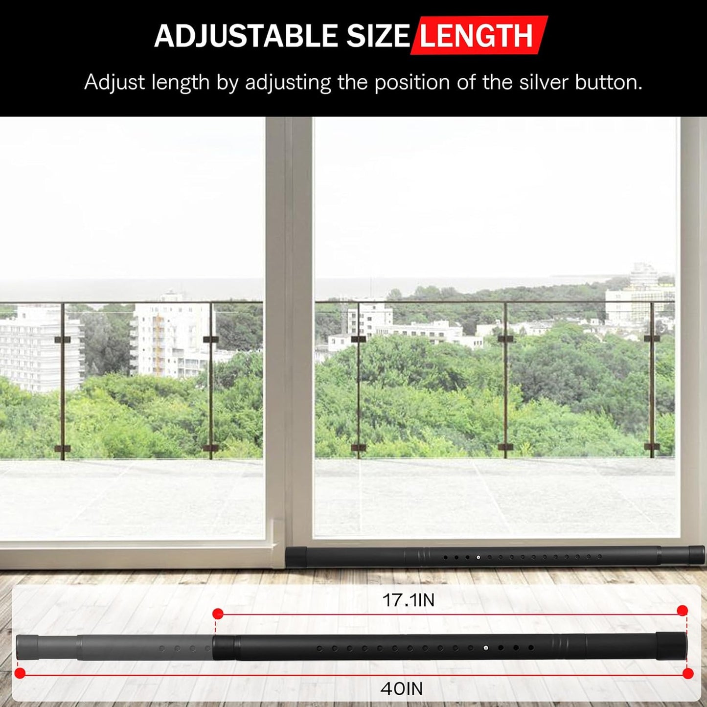 Adjustable Black Sliding Door Security Bar for Glass Patio Doors - 17.1-40 inches, 1.25 inch Diameter Window Bar with Rubber Tips - Home Safety Lock