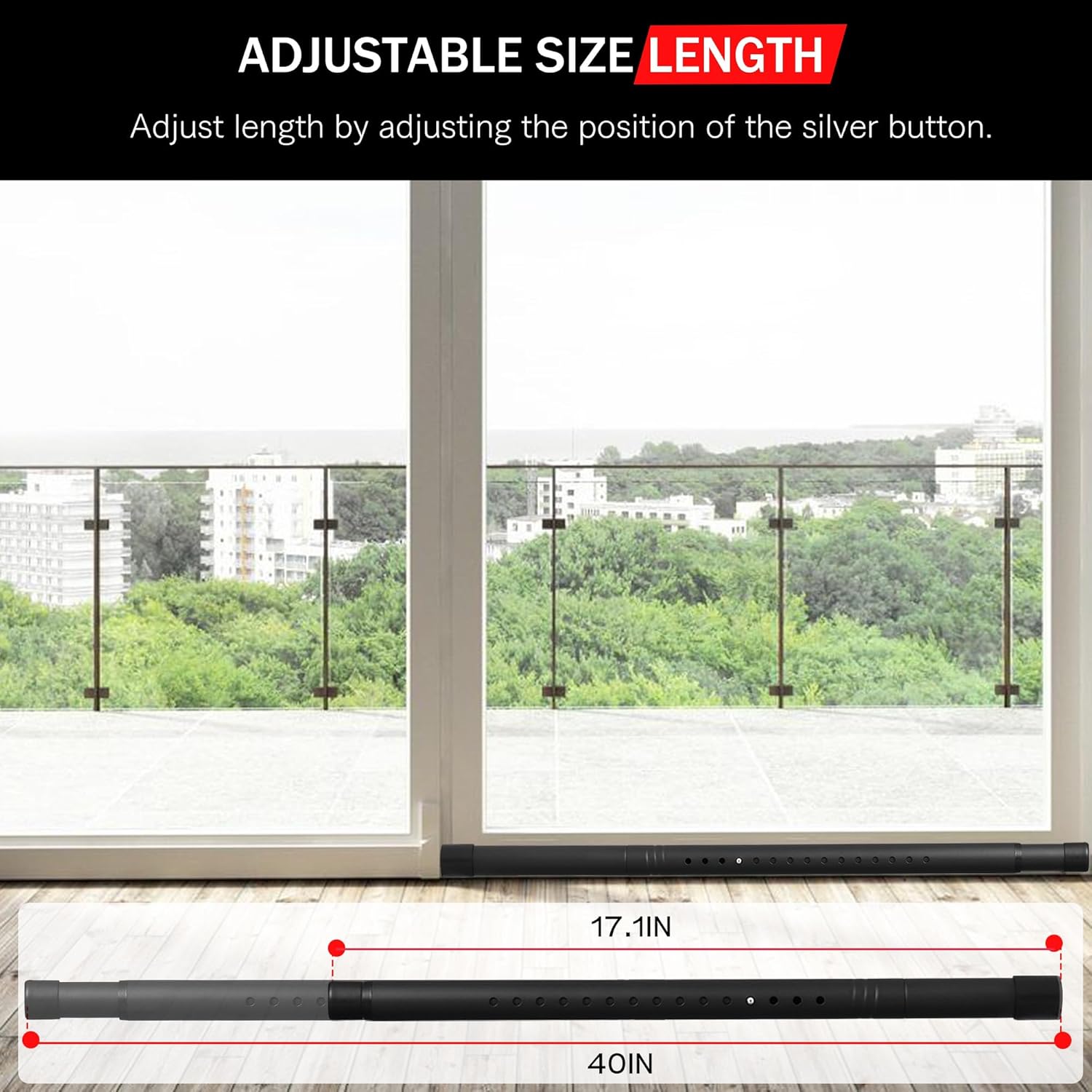 Adjustable Black Sliding Door Security Bar for Glass Patio Doors - 17.1-40 inches, 1.25 inch Diameter Window Bar with Rubber Tips - Home Safety Lock