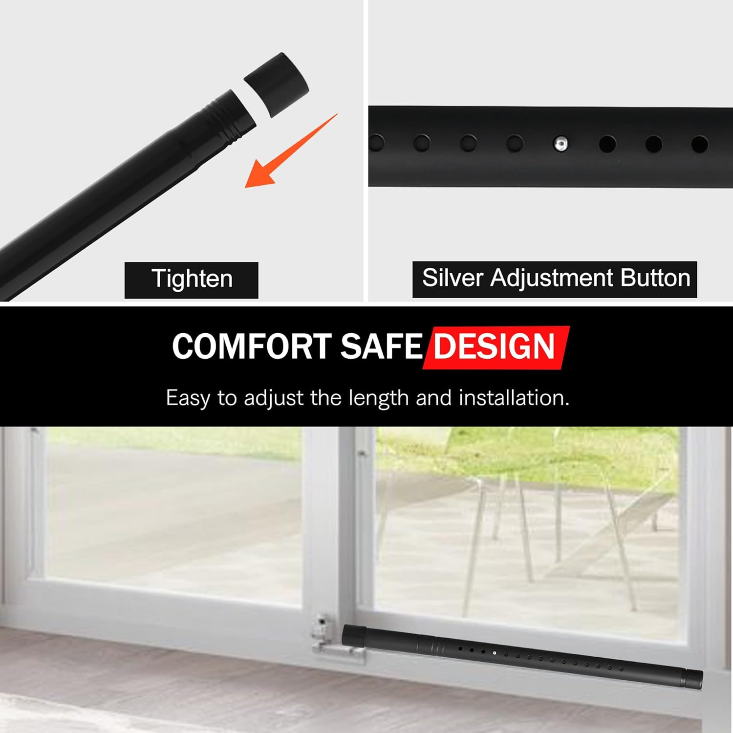Adjustable Black Sliding Door Security Bar for Glass Patio Doors - 17.1-40 inches, 1.25 inch Diameter Window Bar with Rubber Tips - Home Safety Lock