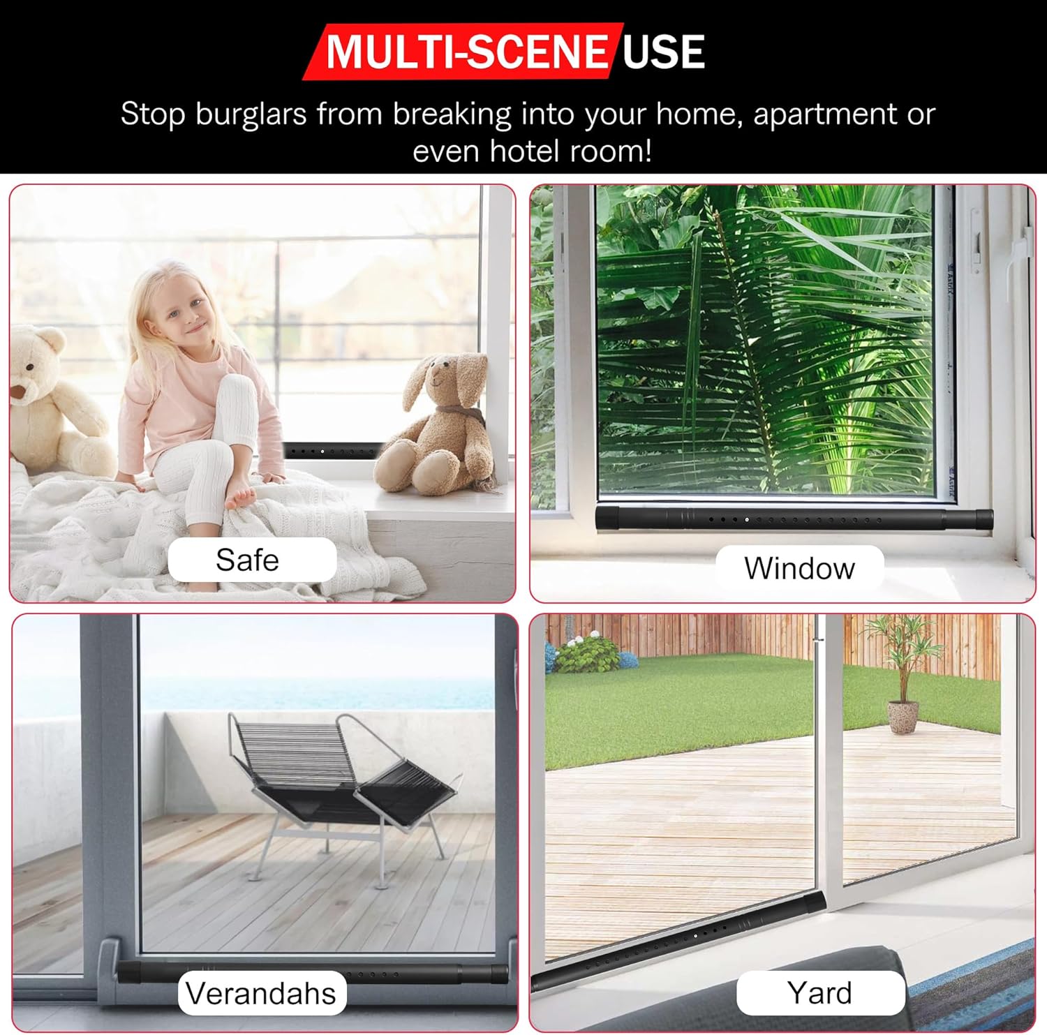 Adjustable Black Sliding Door Security Bar for Glass Patio Doors - 17.1-40 inches, 1.25 inch Diameter Window Bar with Rubber Tips - Home Safety Lock