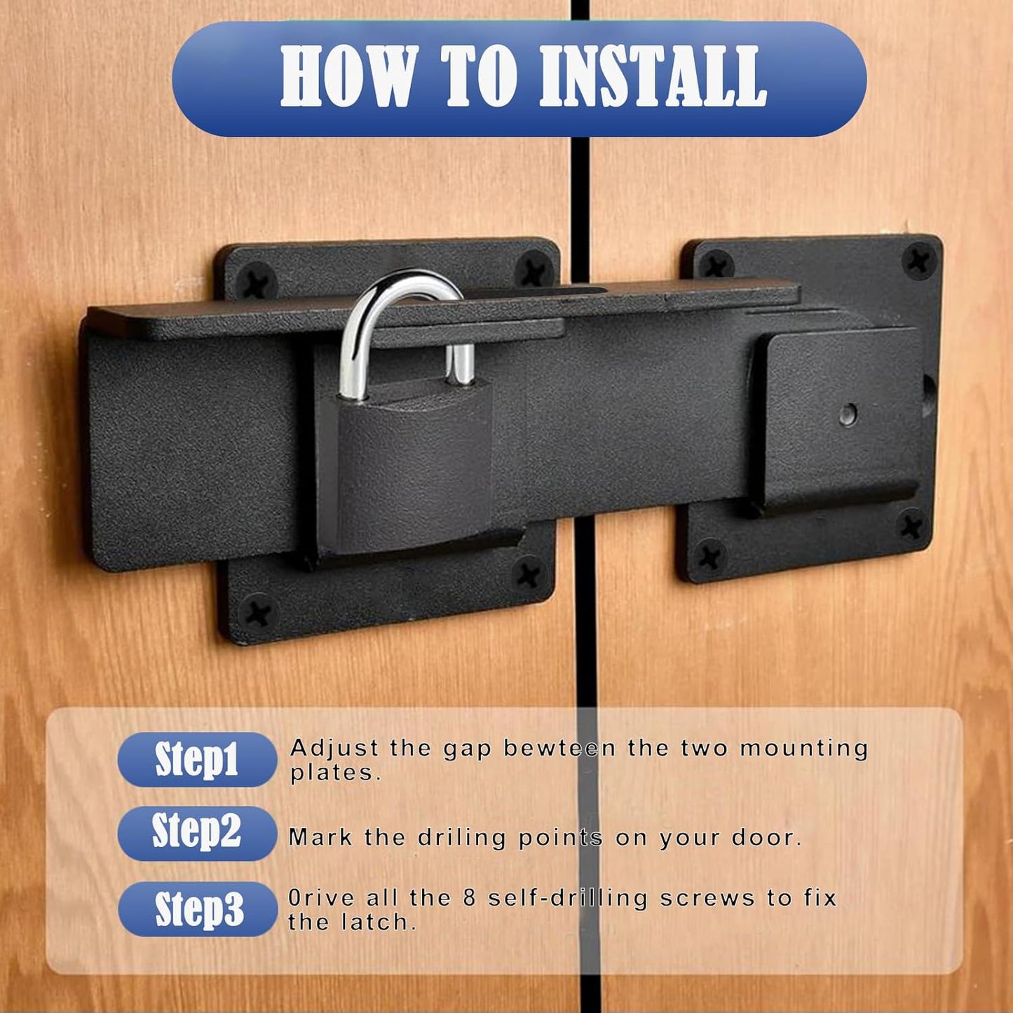 Adjustable Carbon Steel Flip Gate Latch Lock with Padlock Hole for Outdoor Gates and Fences - Black