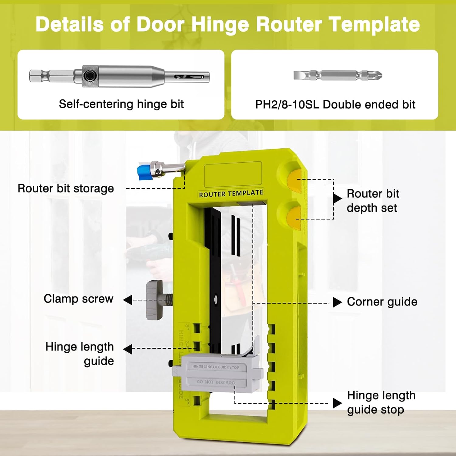 Adjustable Door Hinge Router Template Jig for 3" to 5" Length, 1/4" or 5/8" Hinges - Mortiser Cutting Tool