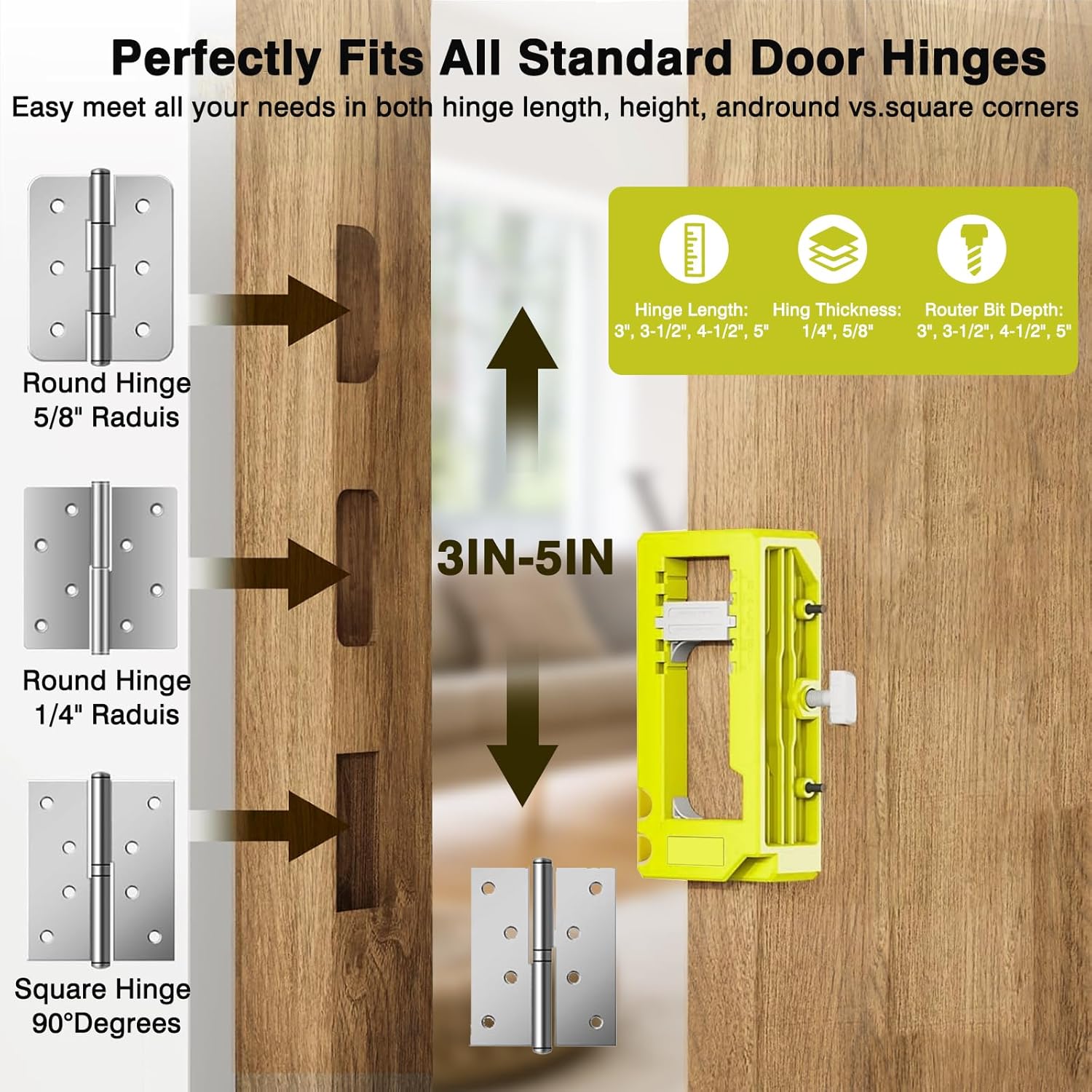 Adjustable Door Hinge Router Template Jig for 3" to 5" Length, 1/4" or 5/8" Hinges - Mortiser Cutting Tool