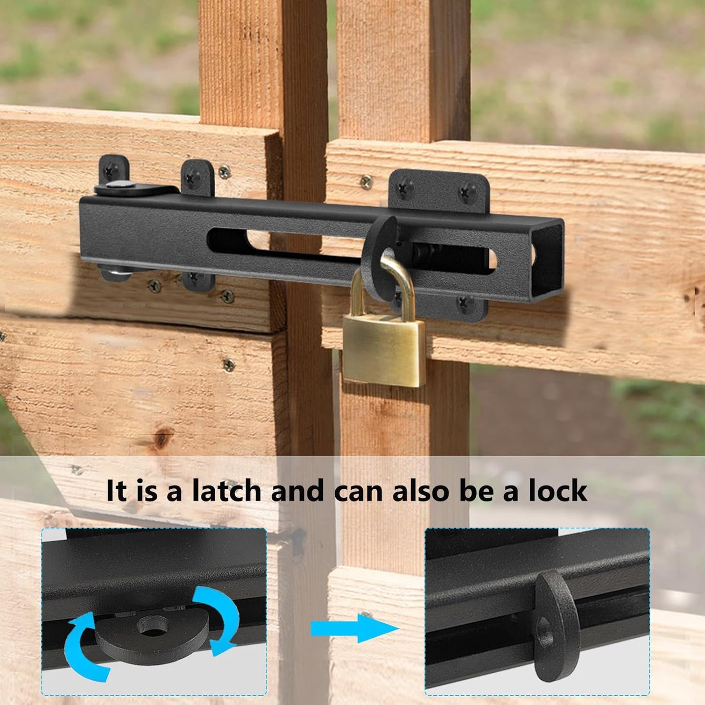 Adjustable Flip Gate Latch Lock with Padlock Hole for Swing Door, Outdoor Fence, Shed, Garage - Matte Black