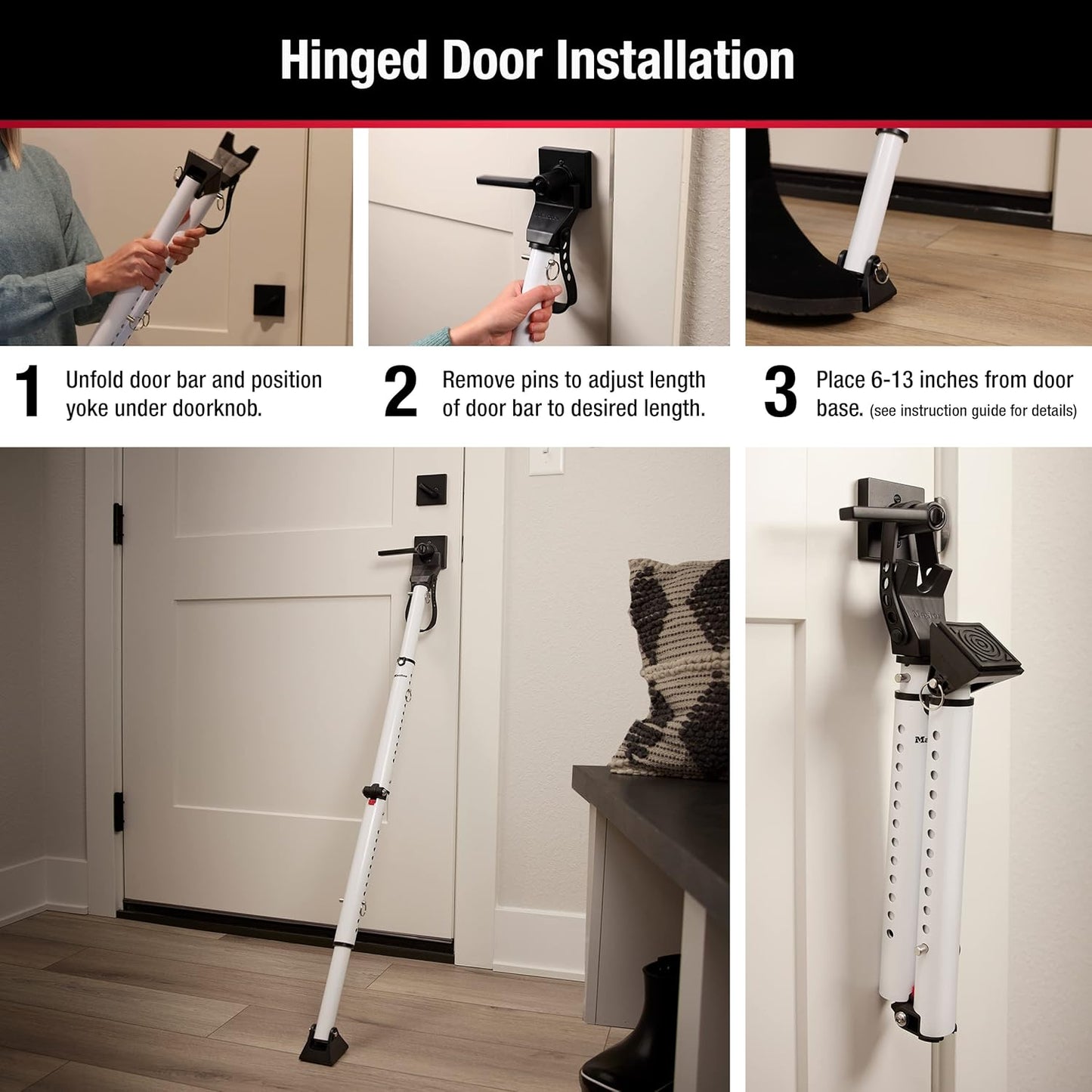 Adjustable Folding Security Bar Door Stopper for Hinged and Sliding Doors - White