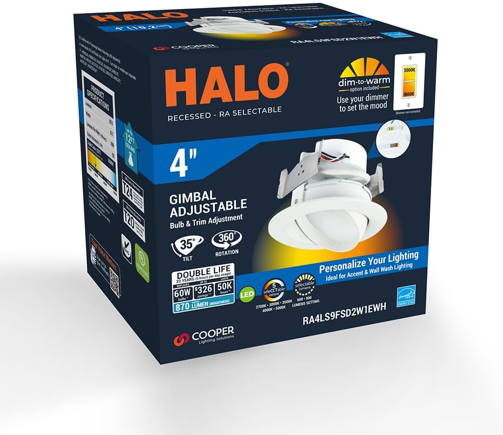 Adjustable Gimbal LED Trim Downlight with Selectable Lumens & Color Temperatures - HALO RA 4-Inch RA56LS9FSD2W1EWH