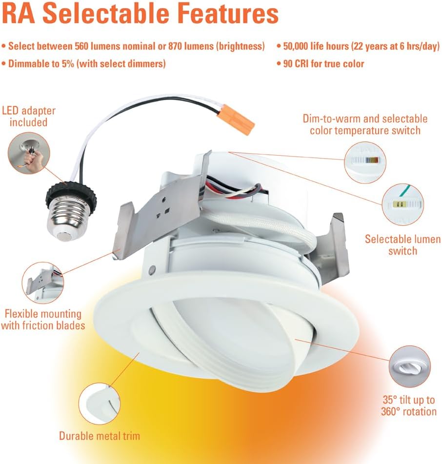 Adjustable Gimbal LED Trim Downlight with Selectable Lumens & Color Temperatures - HALO RA 4-Inch RA56LS9FSD2W1EWH