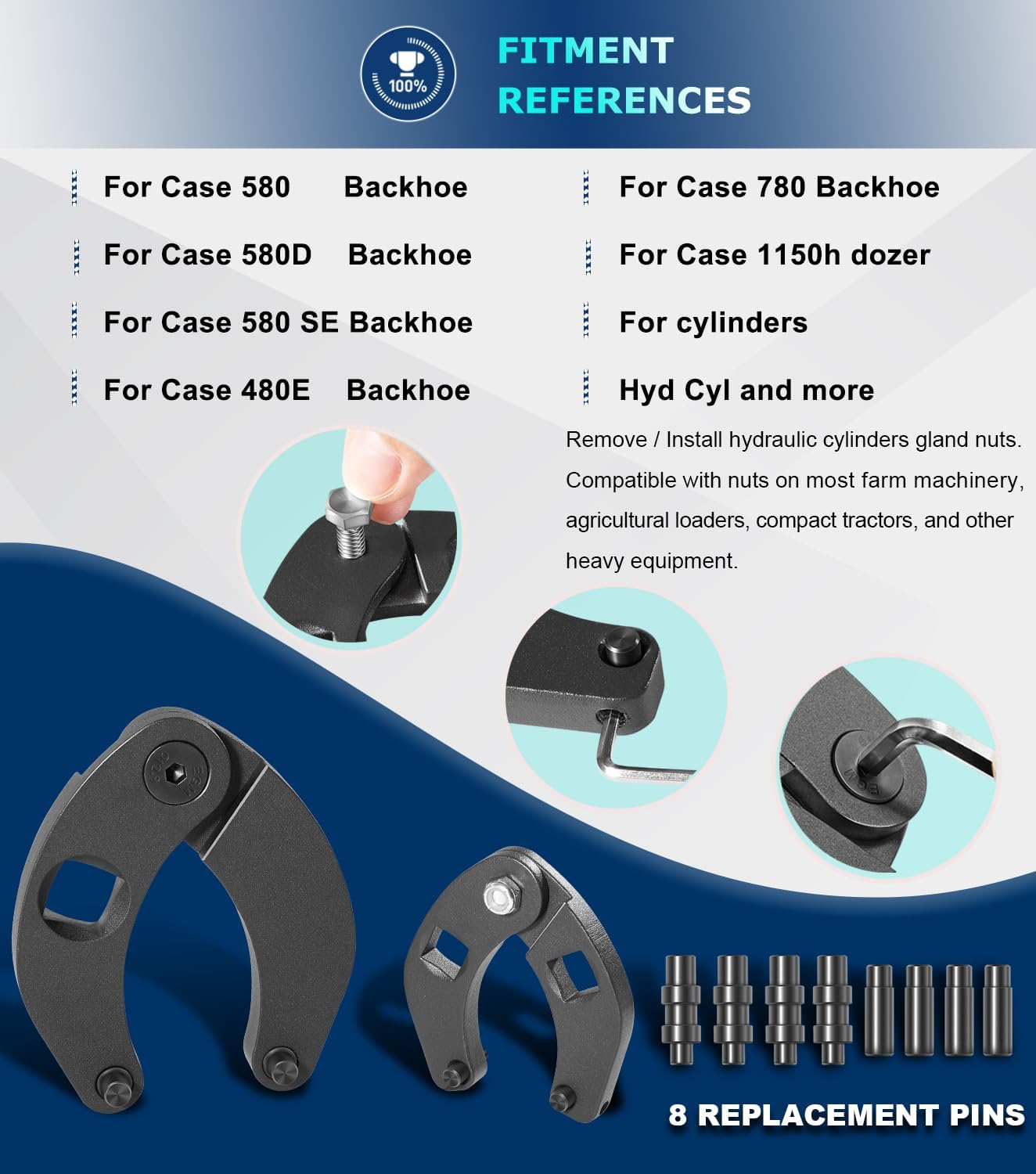 Adjustable Gland Nut Wrench Set for Hydraulic Cylinders - Includes Gloves, Towel, and Allen Wrenches - Ideal for Farm & Construction Equipment